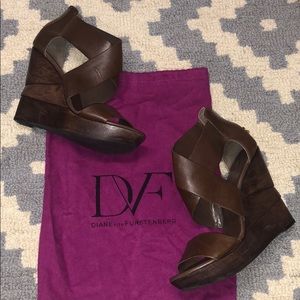 Diane von Furstenberg Brown Leather/Wooden Wedges